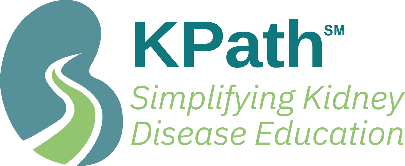 Logo with a stylized kidney and green path, next to the text "KPath SM Simplifying Kidney Disease Education.